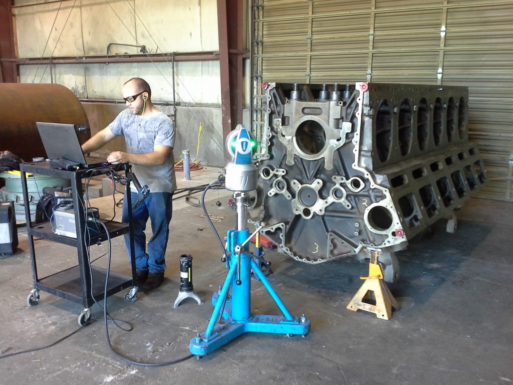 laser tracker measure.ment of engine block to determine size and position of main bores