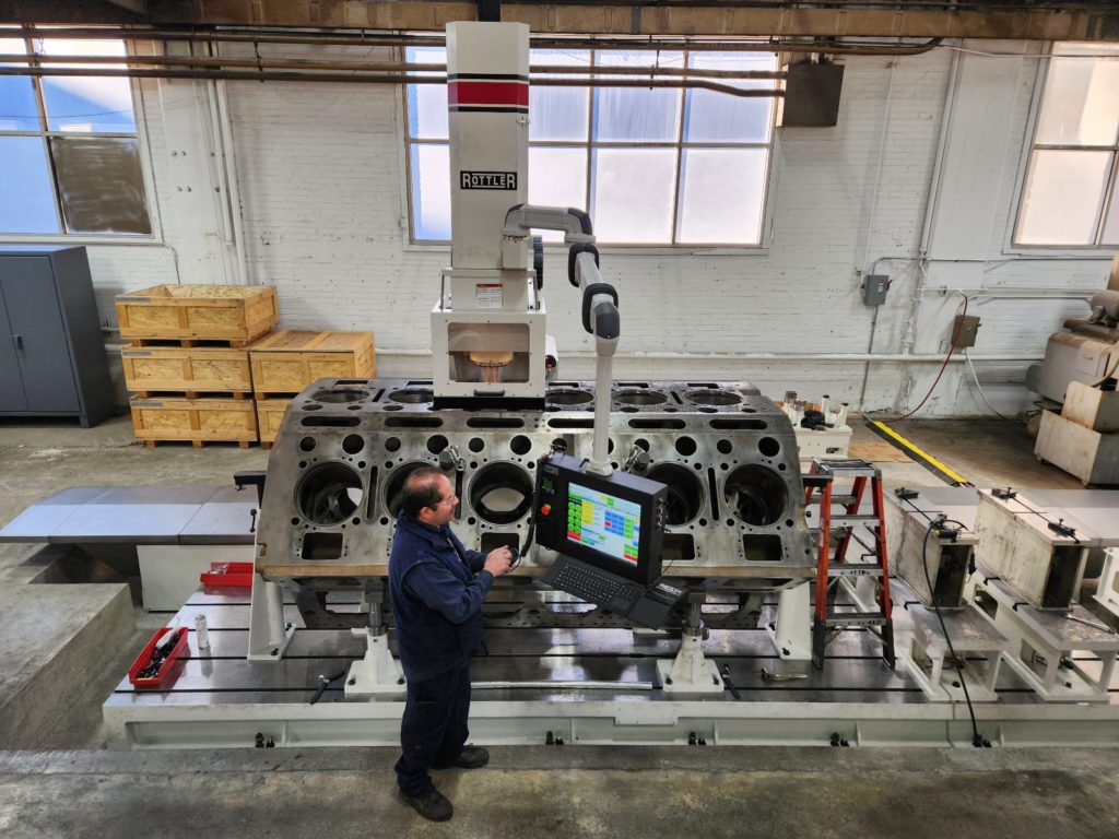 Diesel engine block machined in Prime Machine Shop. Boring engine cylinders on large block using our Rottler machine designed specifically to machining engine blocks i.n our machine shop