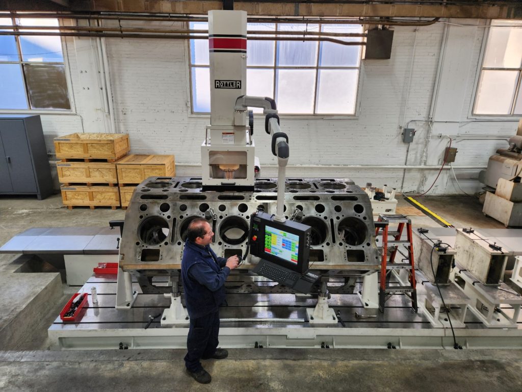 Boring engine cylinders on large block using our Rottler machine designed specifically to machine engine blocks.